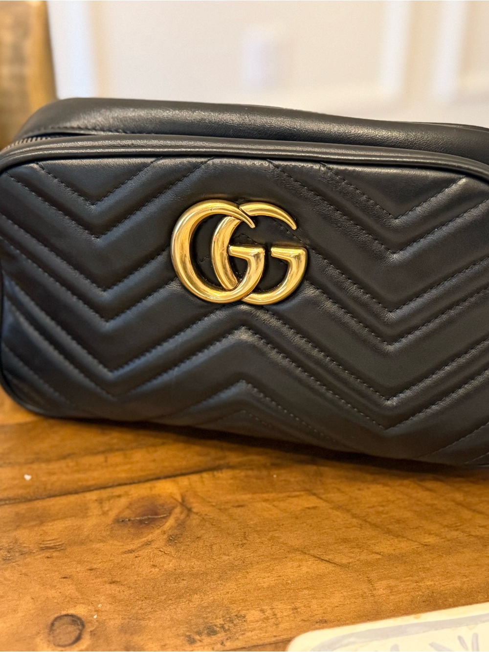 Gucci Black Chevron Matelassé Camera Bag with Gold GG